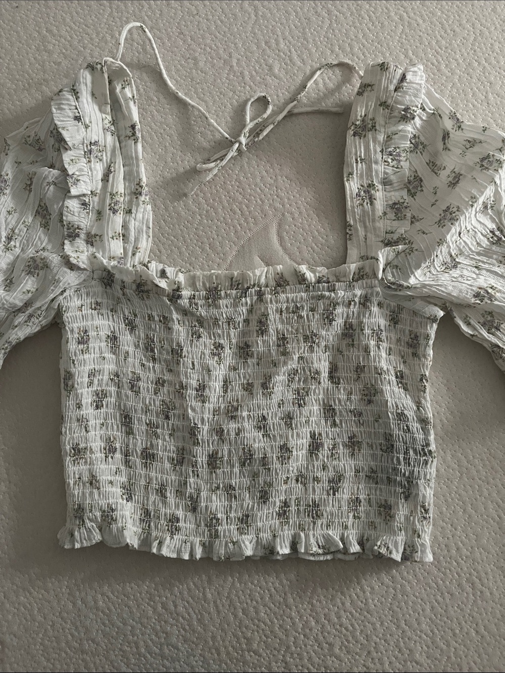 H&M White Smocked Floral Square-Neck Crop Top with Green Print